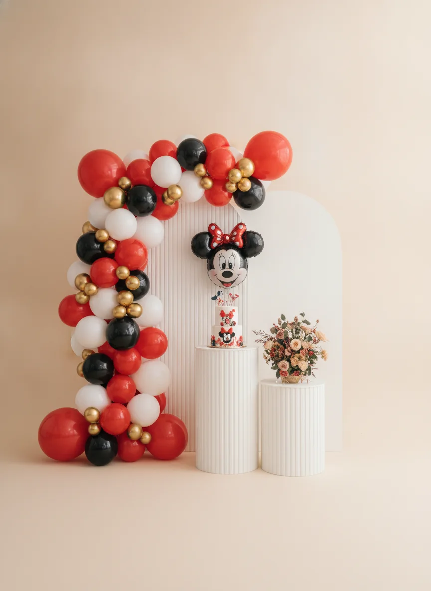 Classic Mouse balloon arch, backdrop and plinth styling concept