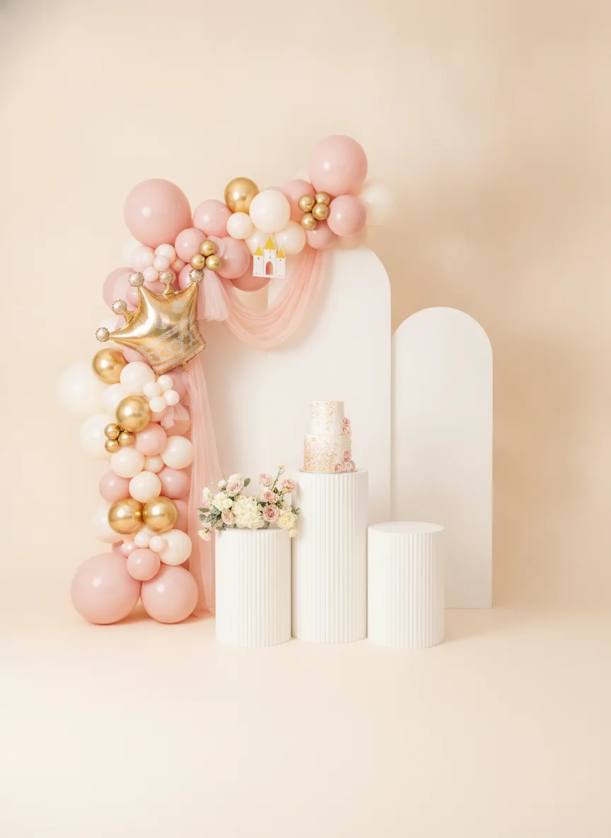 Princess balloon arch, backdrop and plinth styling concept