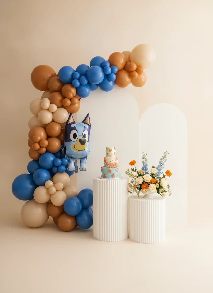 Blue Pup balloon arch, backdrop and plinth styling concept