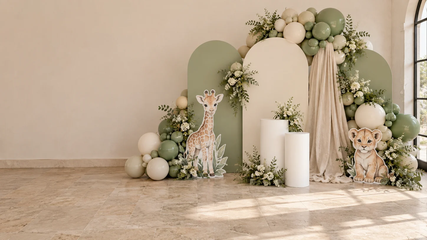 Sage and ivory safari setup with arches, balloons, display stands and animal cut-outs