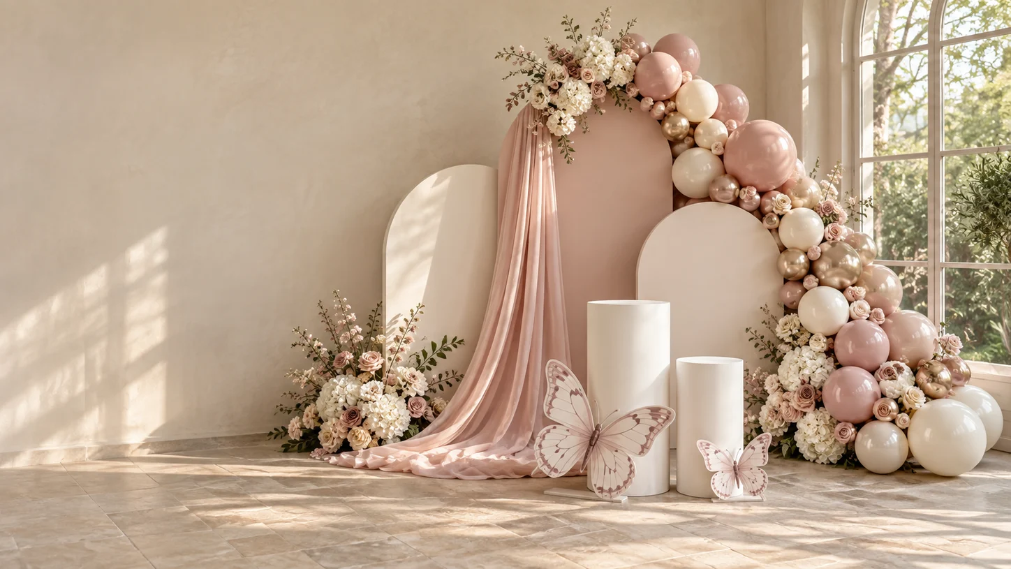 Blush Butterfly styling with layered arches and butterfly cut-outs